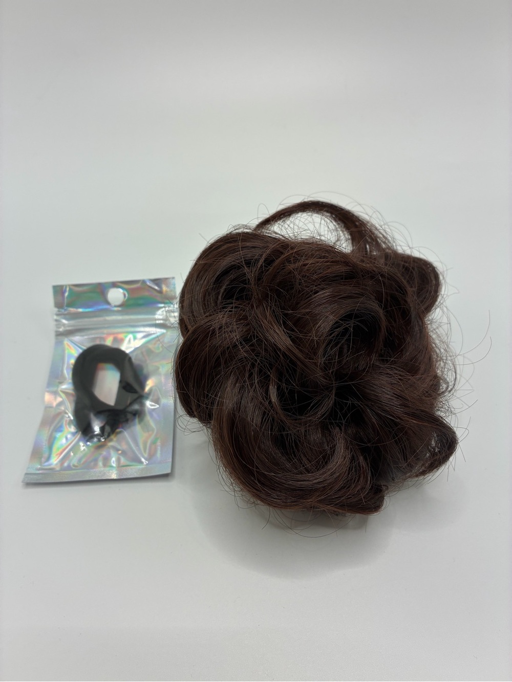 Dark Auburn Brown Curly Hair Messy Bun Scrunchie Clip - Natural Look
